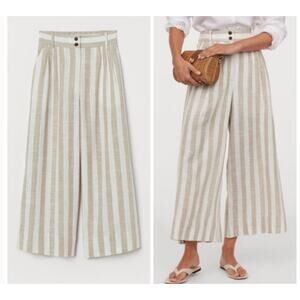 H&M Linen Blend Striped Pants Size 12 Cropped Wide Leg Coastal Grandma
